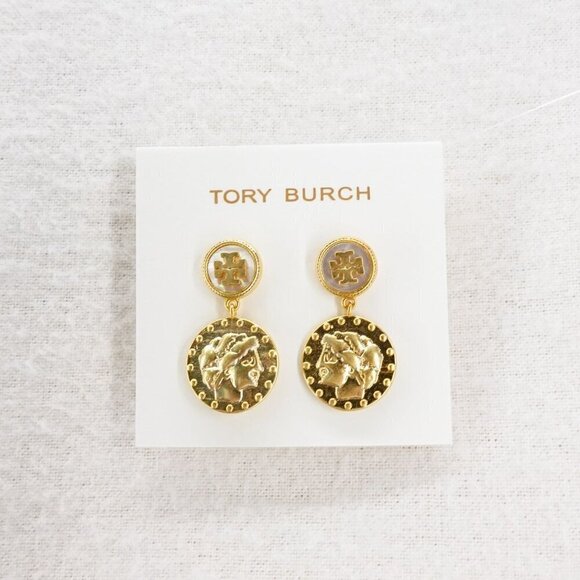 Tory Burch Mother of Pearl Logo Coin Medallion Drop Earrings New Ivory/Tory Gold - Picture 1 of 12